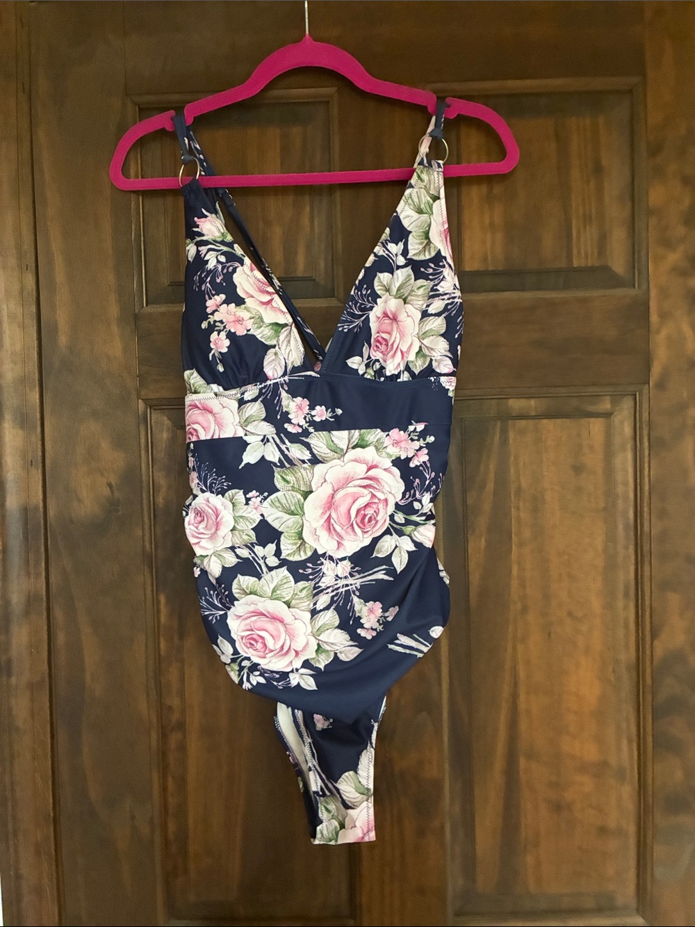 Navy Floral One-Piece Swimsuit with Pink Roses